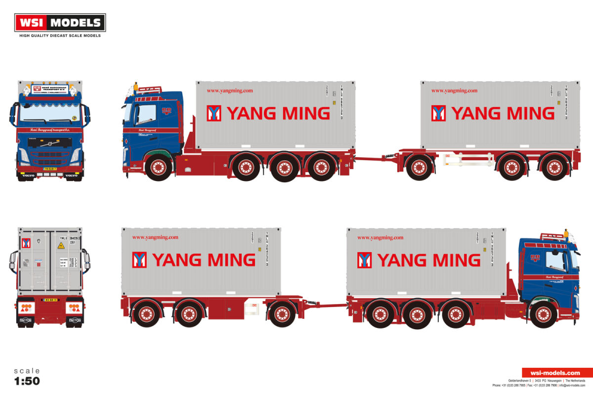 01-4900 - WSI - Volvo FH4 8x2 mit 3achs Anhänger & 2x 20ft Container - Burggraaf / Yang Ming - NL